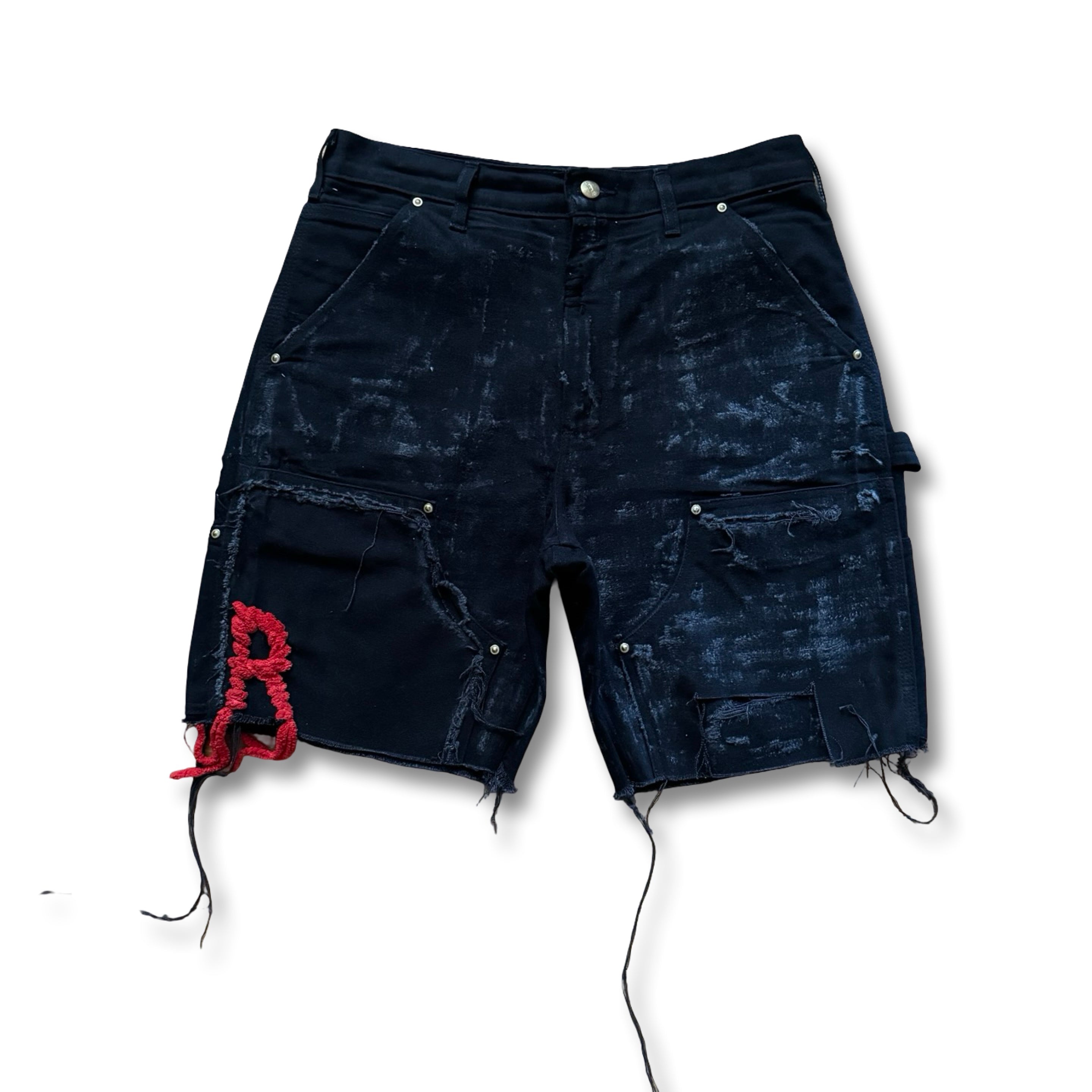 Double knee distressed foil R stitched short.