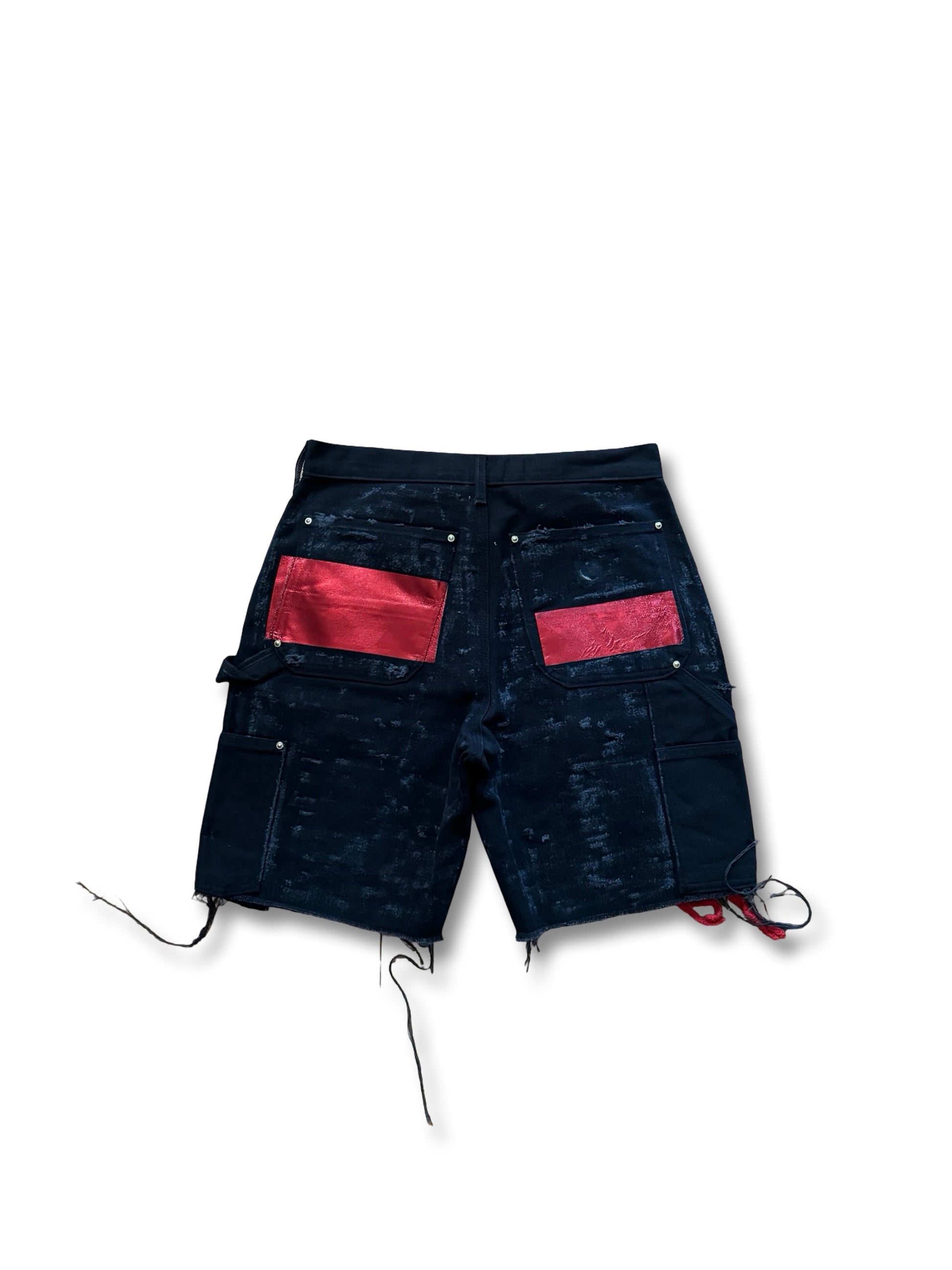 Double knee distressed foil R stitched short.