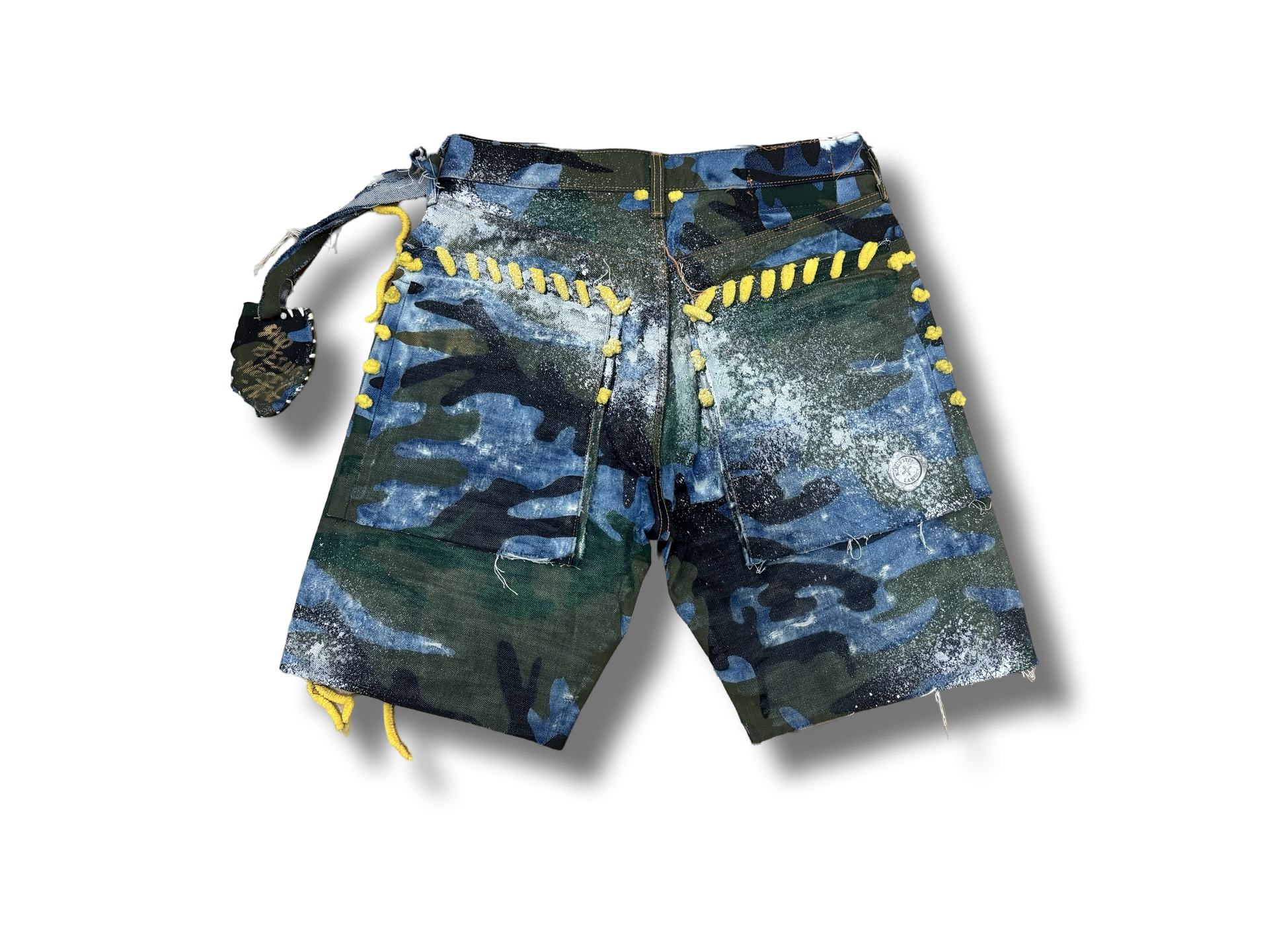 Distressed vintage camo printed denim stash pocket shorts