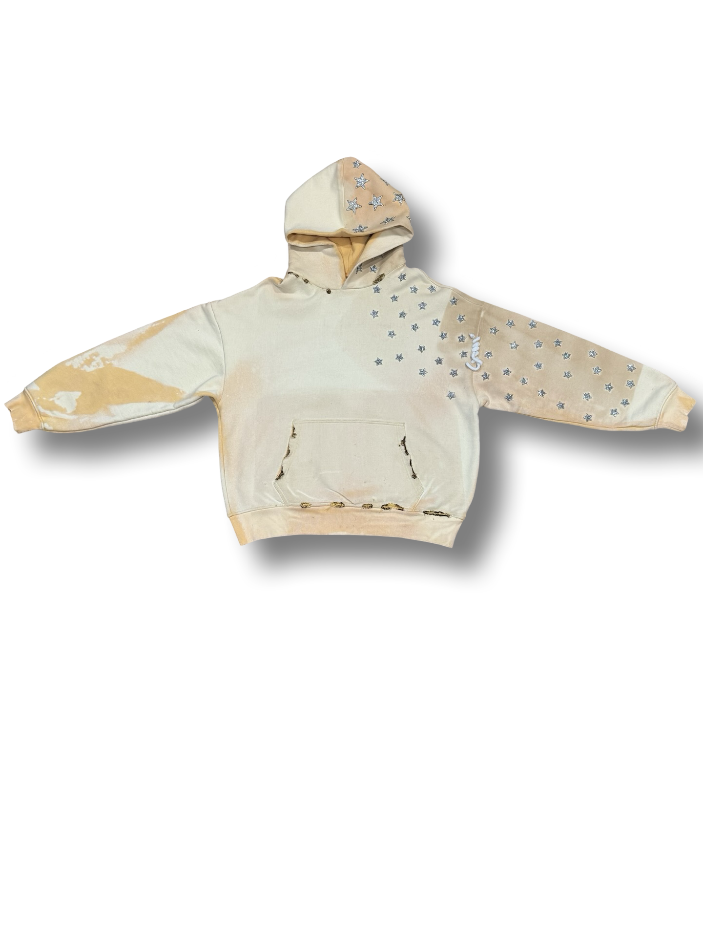 "YELLOW TAN" dirty star studded "ARTS AND CRAFTS" heavyweight pullover hoodie.