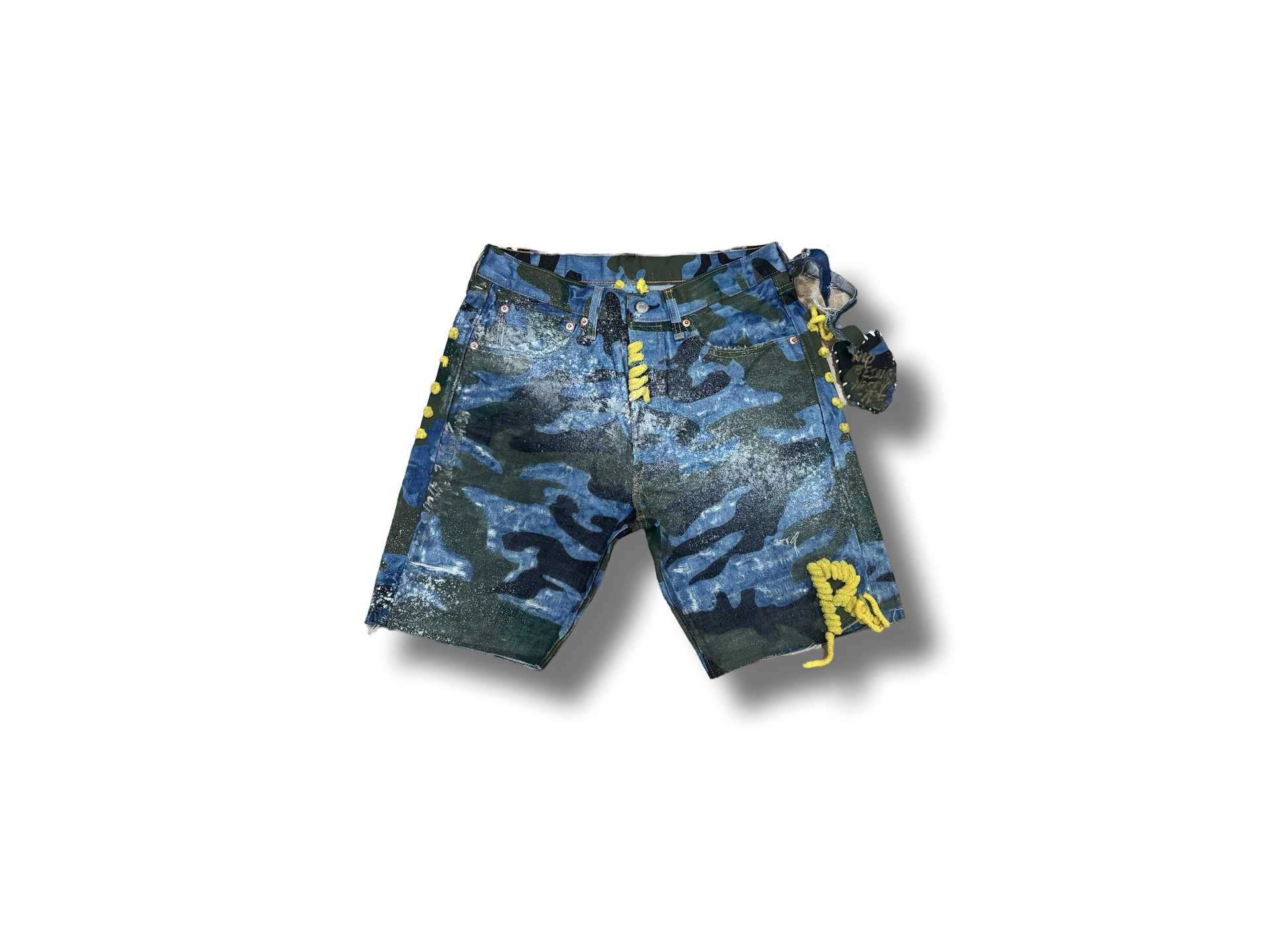 Distressed vintage camo printed denim stash pocket shorts